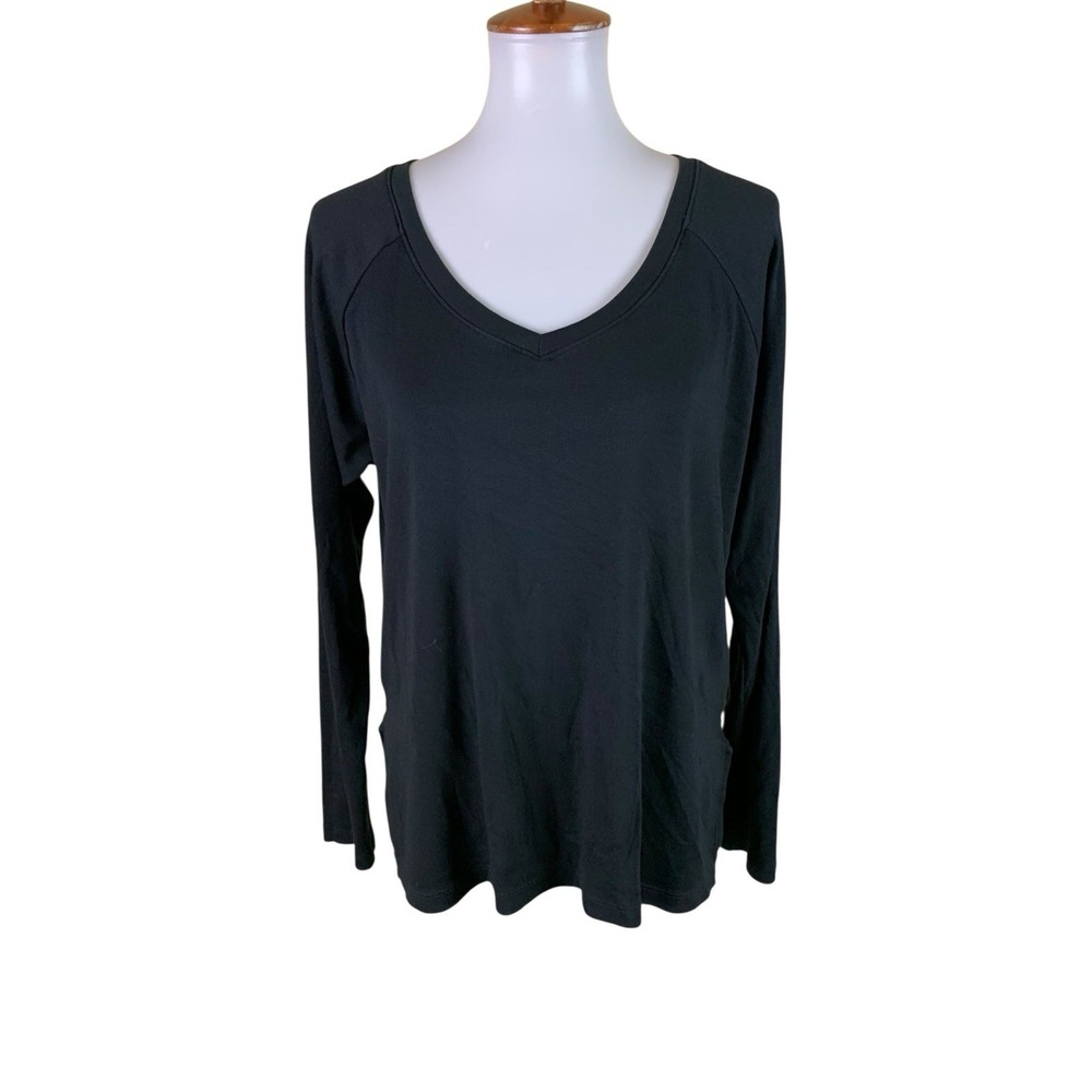 PJ Harlow Black V Neck Long Sleeve Lounge Tee Soft Minimalist Relaxed L